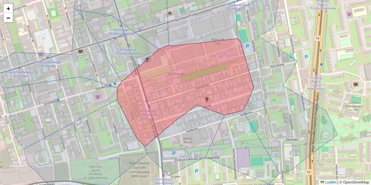 Szczegółowa mapa kodu pocztowego 93-134 z granicami, sąsiednimi kodami pocztowymi i urzędami pocztowymi