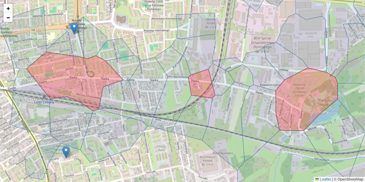 Szczegółowa mapa kodu pocztowego 93-155 z granicami, sąsiednimi kodami pocztowymi i urzędami pocztowymi