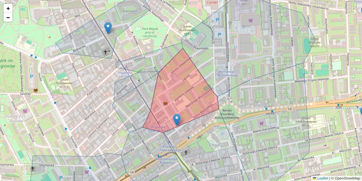 Szczegółowa mapa kodu pocztowego 93-166 z granicami, sąsiednimi kodami pocztowymi i urzędami pocztowymi