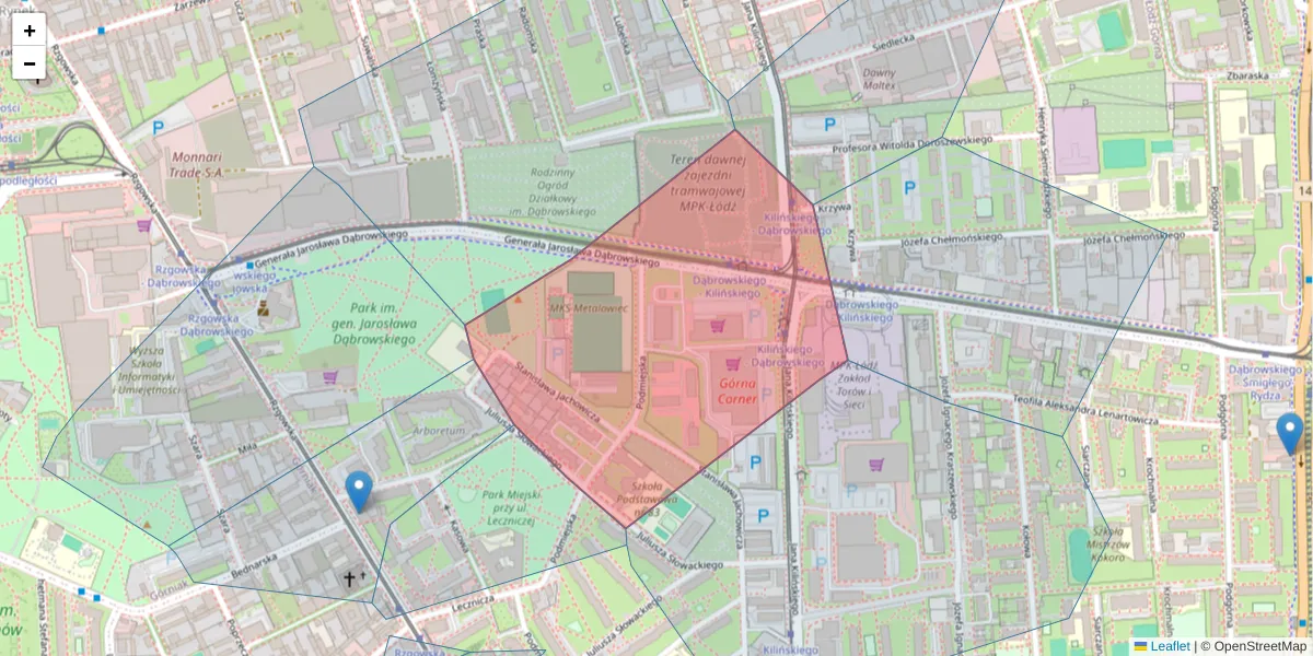 Szczegółowa mapa kodu pocztowego 93-177 z granicami, sąsiednimi kodami pocztowymi i urzędami pocztowymi