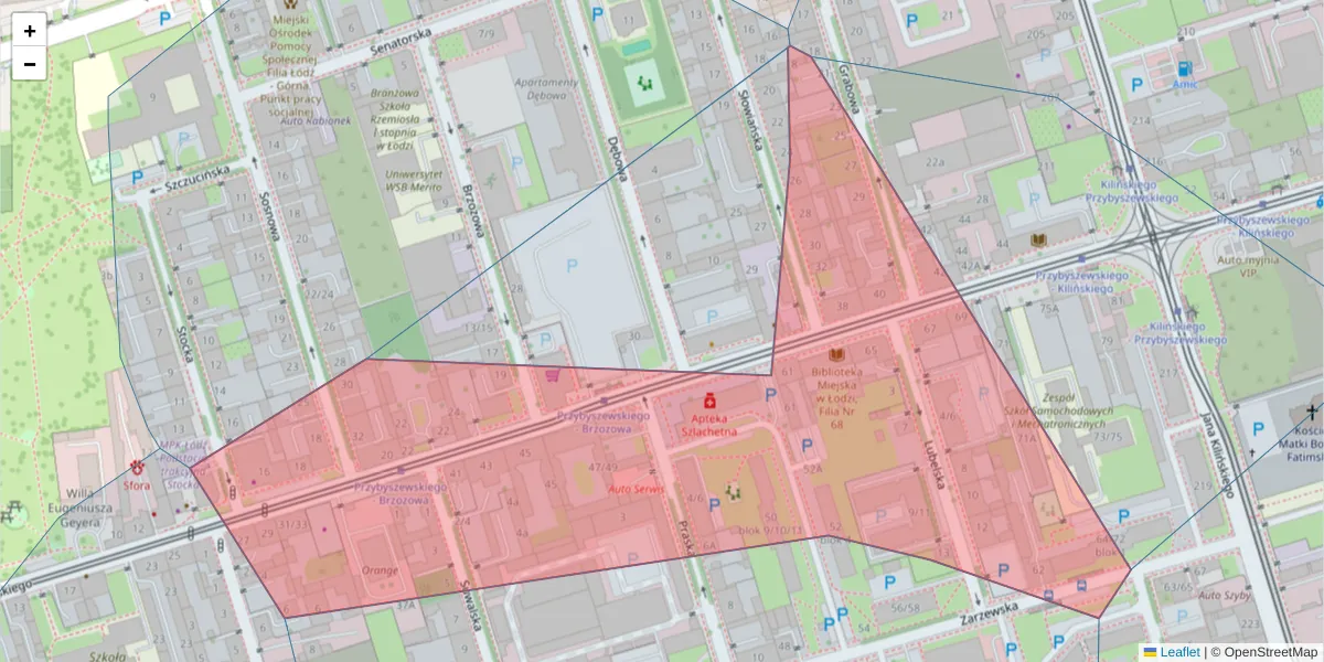 Szczegółowa mapa kodu pocztowego 93-188 z granicami, sąsiednimi kodami pocztowymi i urzędami pocztowymi