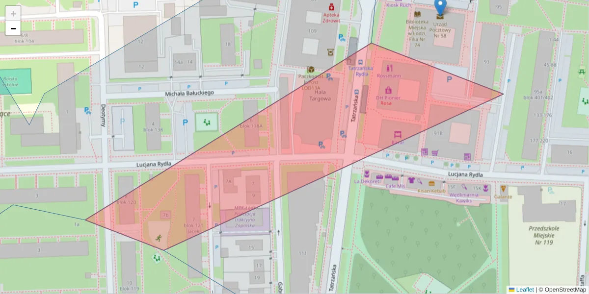 Szczegółowa mapa kodu pocztowego 93-201 z granicami, sąsiednimi kodami pocztowymi i urzędami pocztowymi