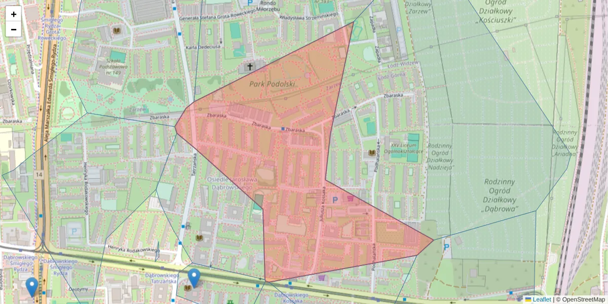 Szczegółowa mapa kodu pocztowego 93-213 z granicami, sąsiednimi kodami pocztowymi i urzędami pocztowymi