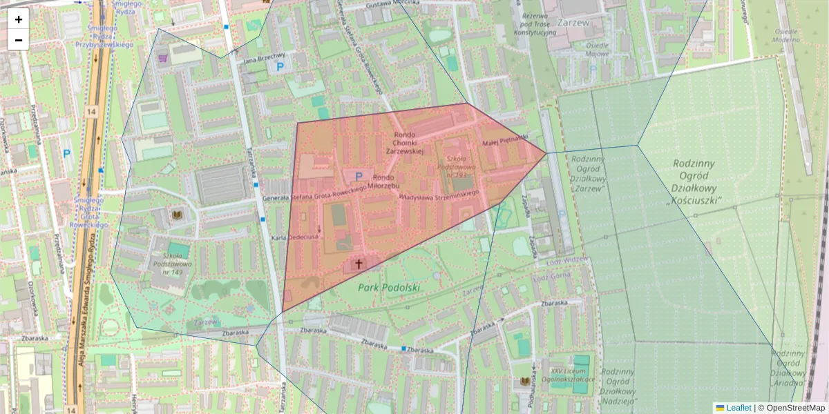 Szczegółowa mapa kodu pocztowego 93-217 z granicami, sąsiednimi kodami pocztowymi i urzędami pocztowymi