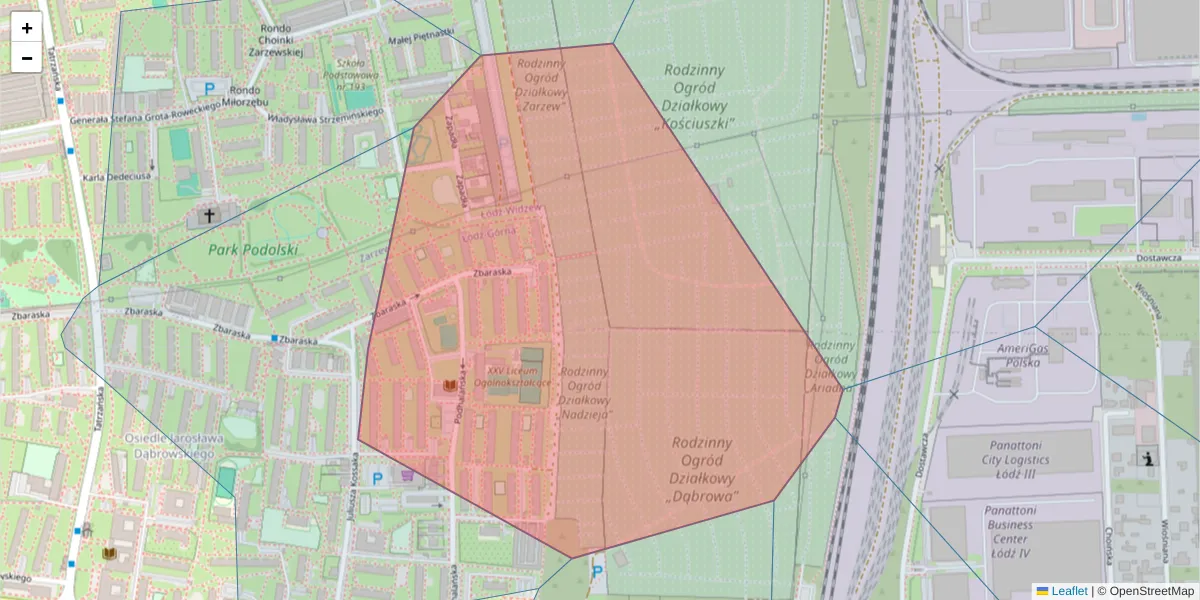 Szczegółowa mapa kodu pocztowego 93-224 z granicami, sąsiednimi kodami pocztowymi i urzędami pocztowymi