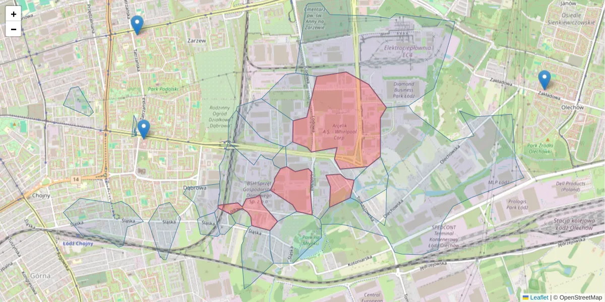 Szczegółowa mapa kodu pocztowego 93-232 z granicami, sąsiednimi kodami pocztowymi i urzędami pocztowymi