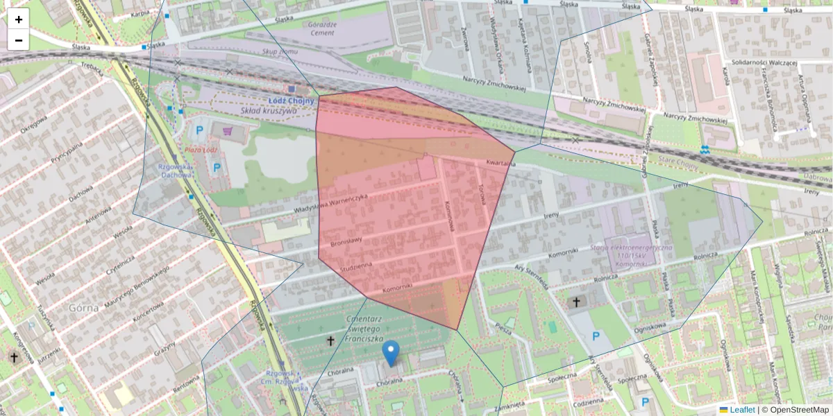 Szczegółowa mapa kodu pocztowego 93-308 z granicami, sąsiednimi kodami pocztowymi i urzędami pocztowymi