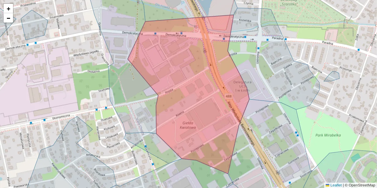 Szczegółowa mapa kodu pocztowego 93-348 z granicami, sąsiednimi kodami pocztowymi i urzędami pocztowymi