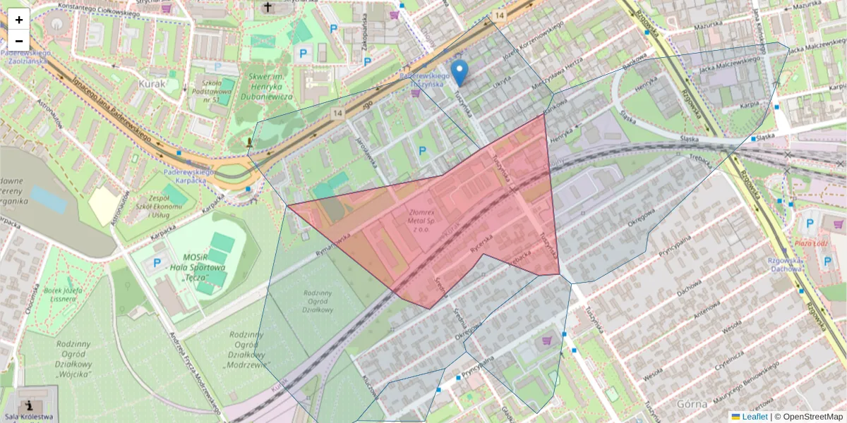 Szczegółowa mapa kodu pocztowego 93-368 z granicami, sąsiednimi kodami pocztowymi i urzędami pocztowymi