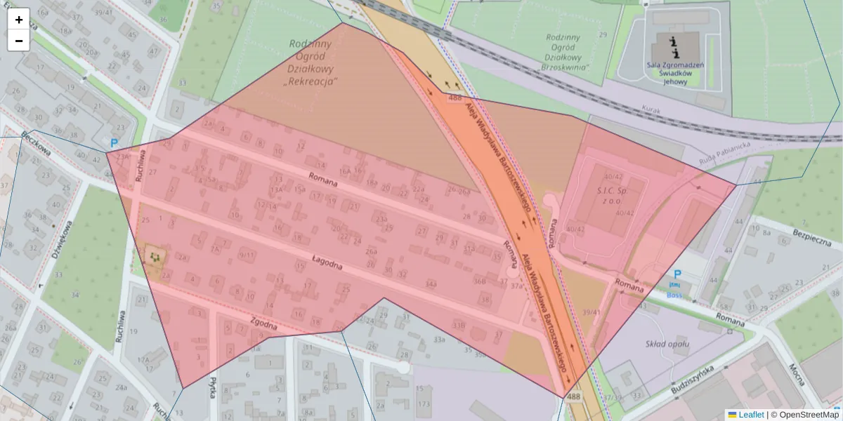 Szczegółowa mapa kodu pocztowego 93-370 z granicami, sąsiednimi kodami pocztowymi i urzędami pocztowymi