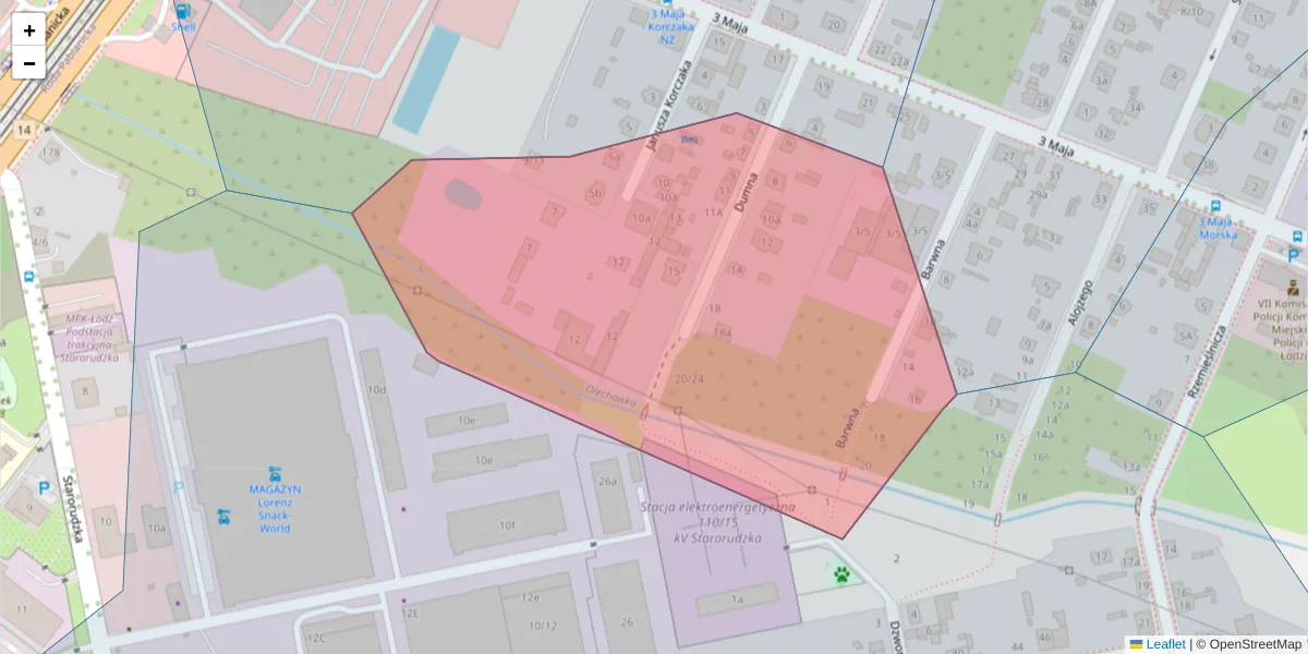 Szczegółowa mapa kodu pocztowego 93-412 z granicami, sąsiednimi kodami pocztowymi i urzędami pocztowymi