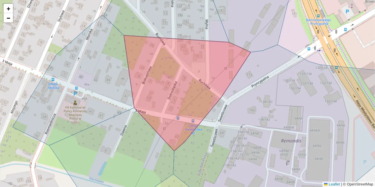 Szczegółowa mapa kodu pocztowego 93-413 z granicami, sąsiednimi kodami pocztowymi i urzędami pocztowymi
