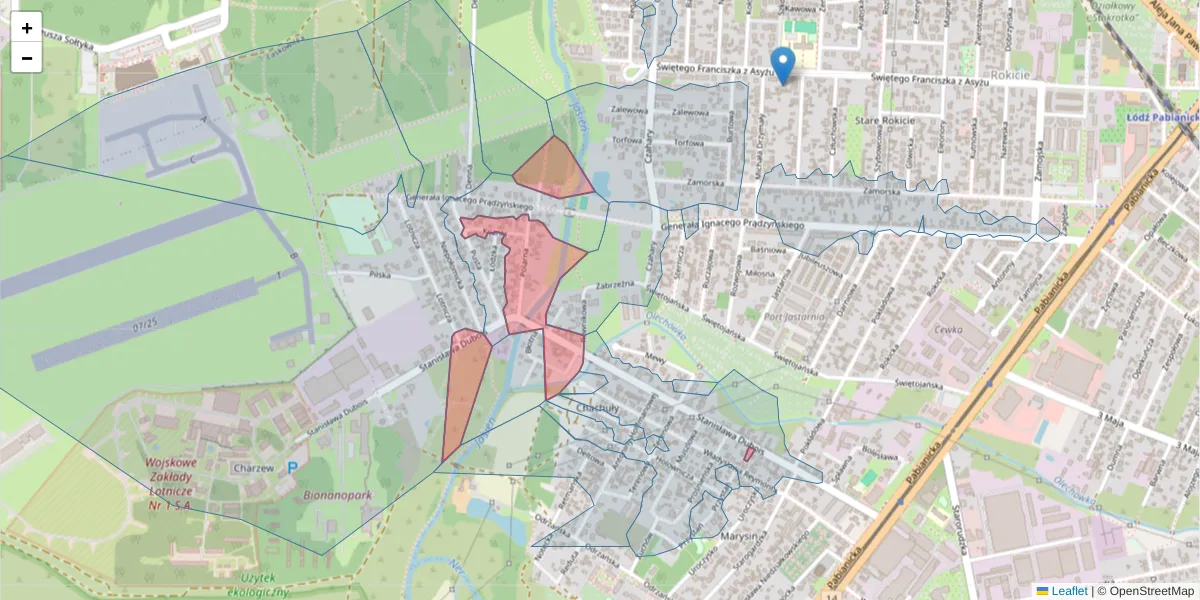 Szczegółowa mapa kodu pocztowego 93-465 z granicami, sąsiednimi kodami pocztowymi i urzędami pocztowymi
