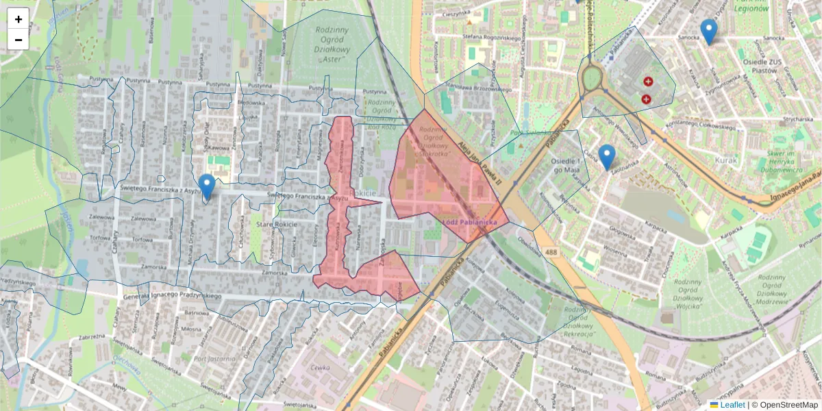 Szczegółowa mapa kodu pocztowego 93-485 z granicami, sąsiednimi kodami pocztowymi i urzędami pocztowymi