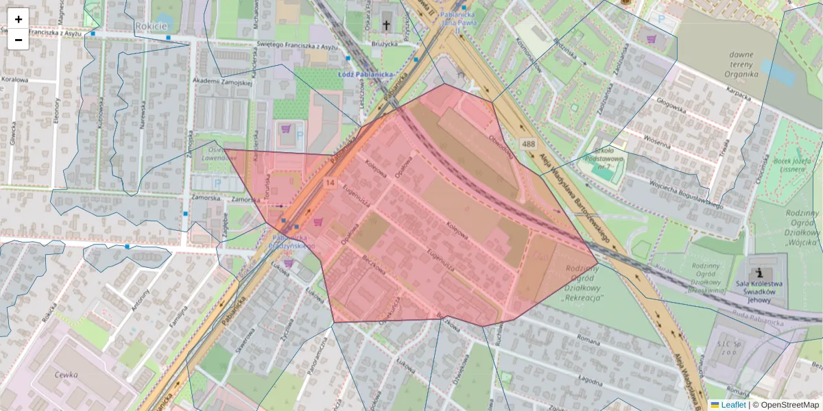 Szczegółowa mapa kodu pocztowego 93-487 z granicami, sąsiednimi kodami pocztowymi i urzędami pocztowymi
