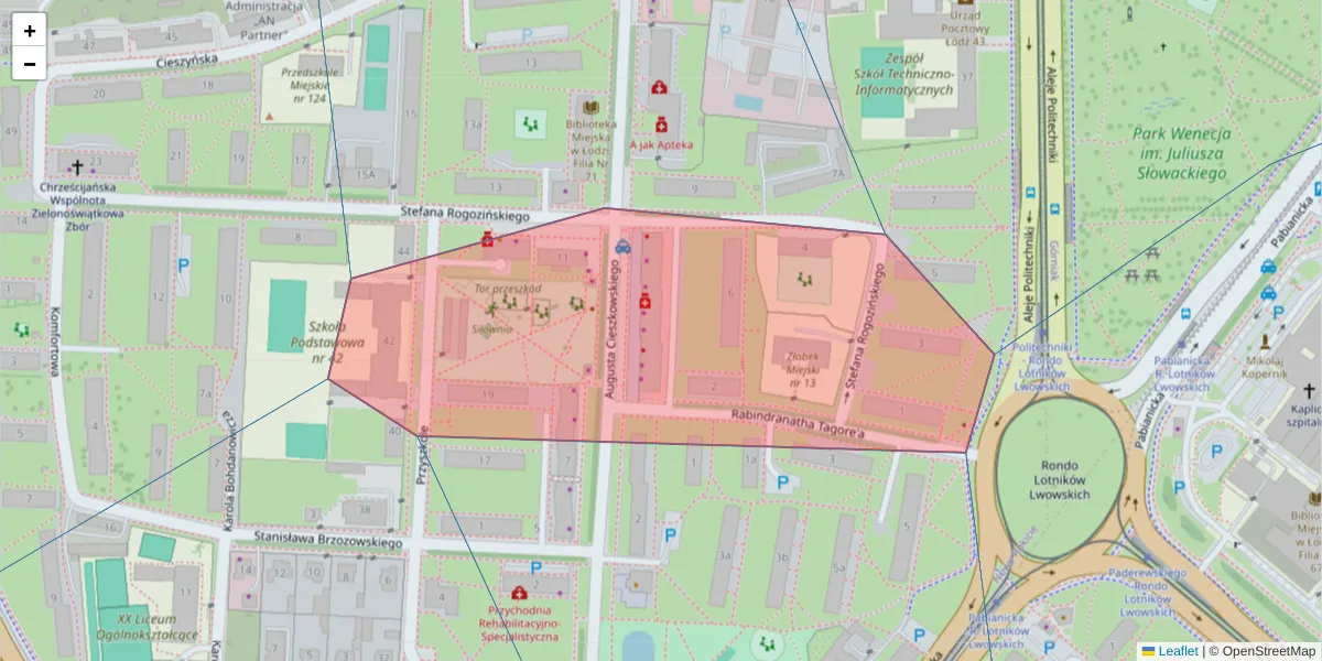 Szczegółowa mapa kodu pocztowego 93-503 z granicami, sąsiednimi kodami pocztowymi i urzędami pocztowymi