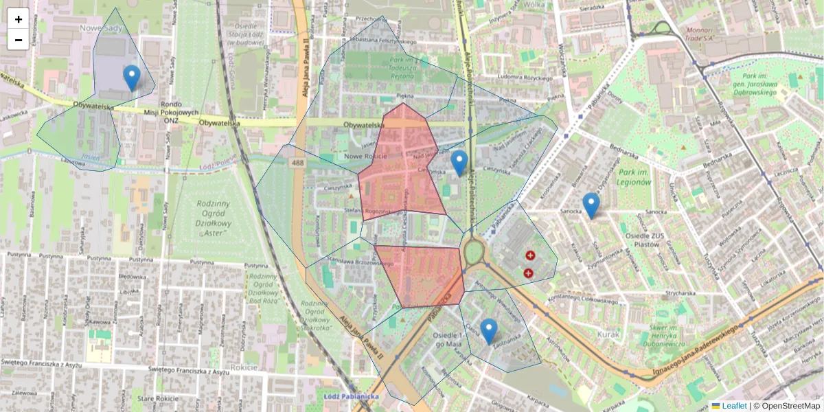 Szczegółowa mapa kodu pocztowego 93-504 z granicami, sąsiednimi kodami pocztowymi i urzędami pocztowymi