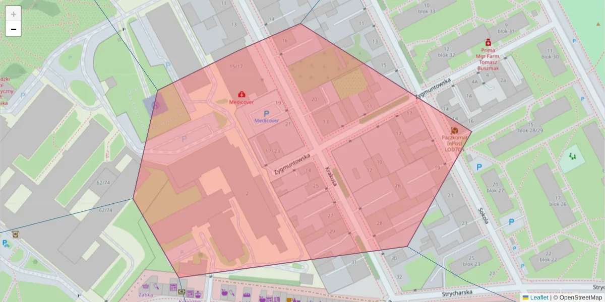 Szczegółowa mapa kodu pocztowego 93-515 z granicami, sąsiednimi kodami pocztowymi i urzędami pocztowymi