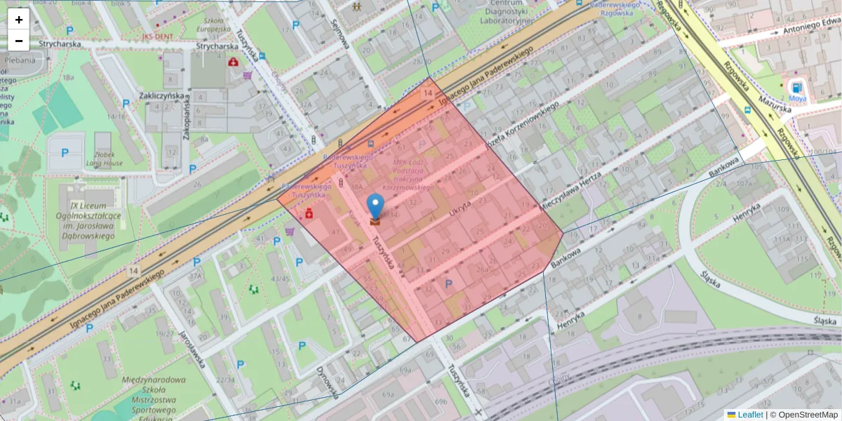 Szczegółowa mapa kodu pocztowego 93-523 z granicami, sąsiednimi kodami pocztowymi i urzędami pocztowymi