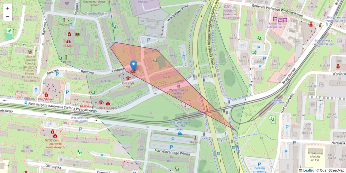 Szczegółowa mapa kodu pocztowego 94-001 z granicami, sąsiednimi kodami pocztowymi i urzędami pocztowymi