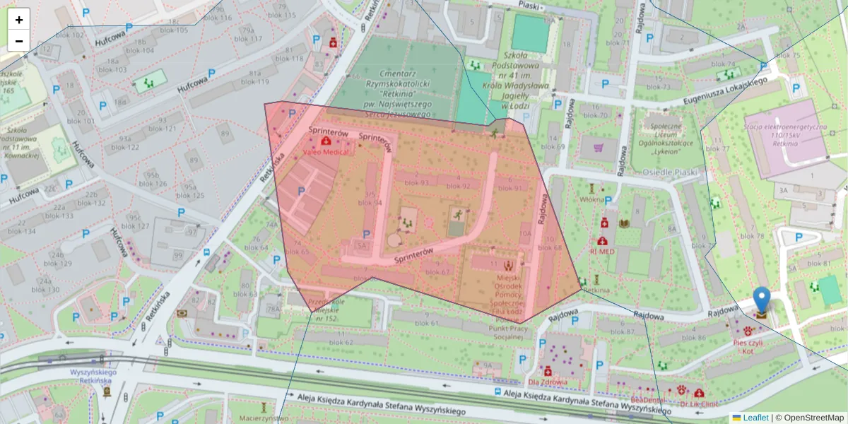 Szczegółowa mapa kodu pocztowego 94-002 z granicami, sąsiednimi kodami pocztowymi i urzędami pocztowymi