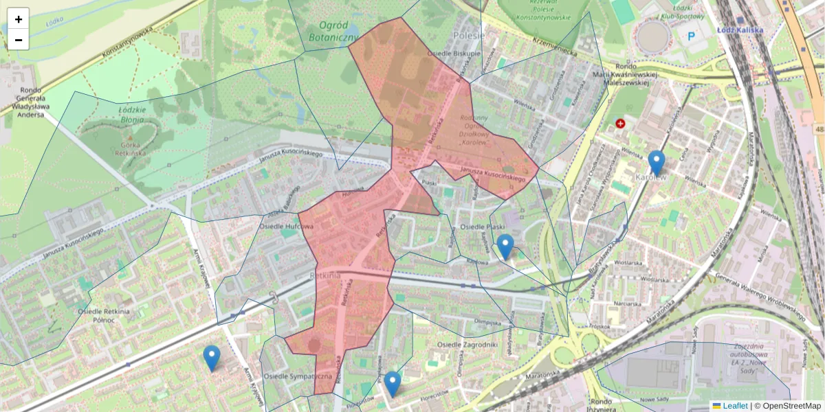 Szczegółowa mapa kodu pocztowego 94-004 z granicami, sąsiednimi kodami pocztowymi i urzędami pocztowymi
