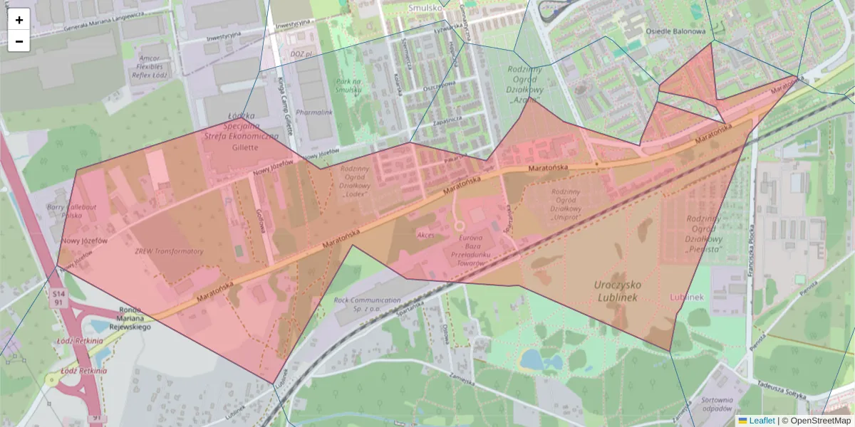 Szczegółowa mapa kodu pocztowego 94-007 z granicami, sąsiednimi kodami pocztowymi i urzędami pocztowymi
