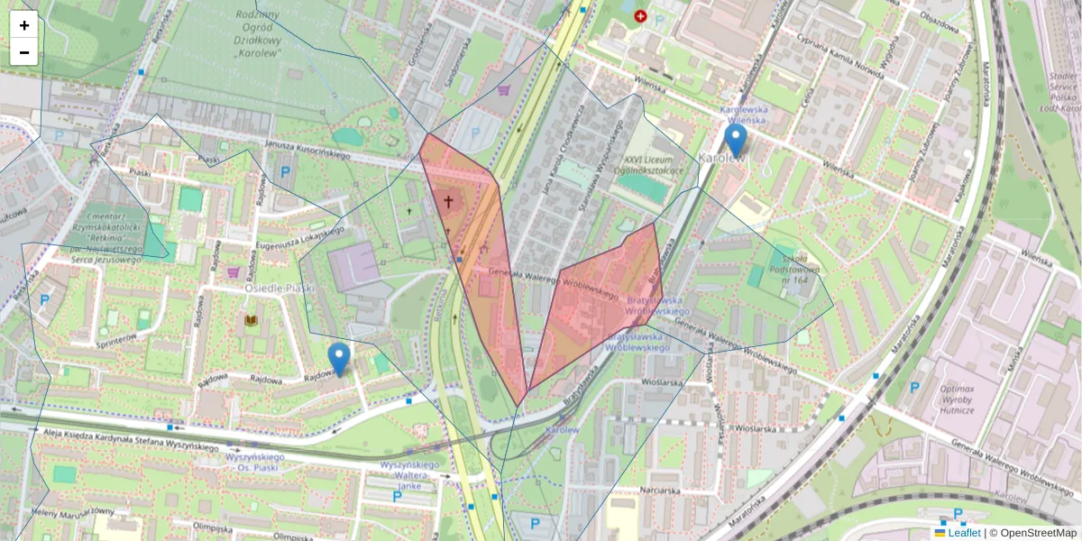 Szczegółowa mapa kodu pocztowego 94-032 z granicami, sąsiednimi kodami pocztowymi i urzędami pocztowymi