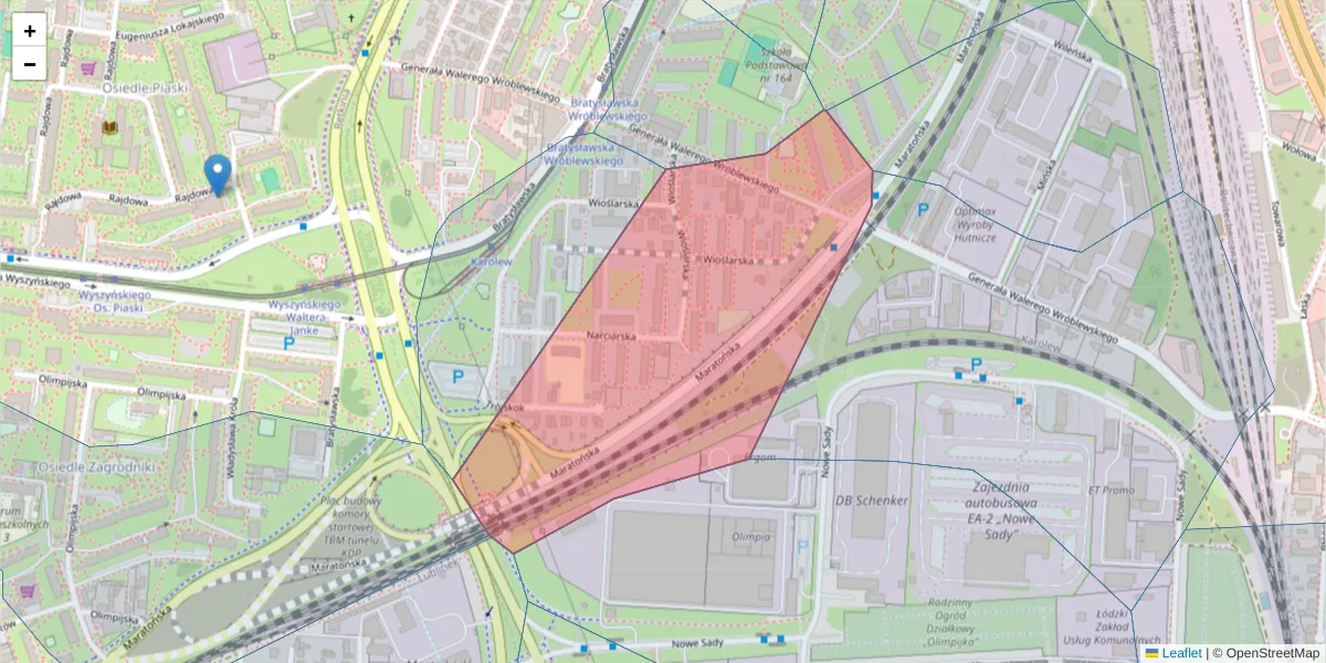 Szczegółowa mapa kodu pocztowego 94-036 z granicami, sąsiednimi kodami pocztowymi i urzędami pocztowymi