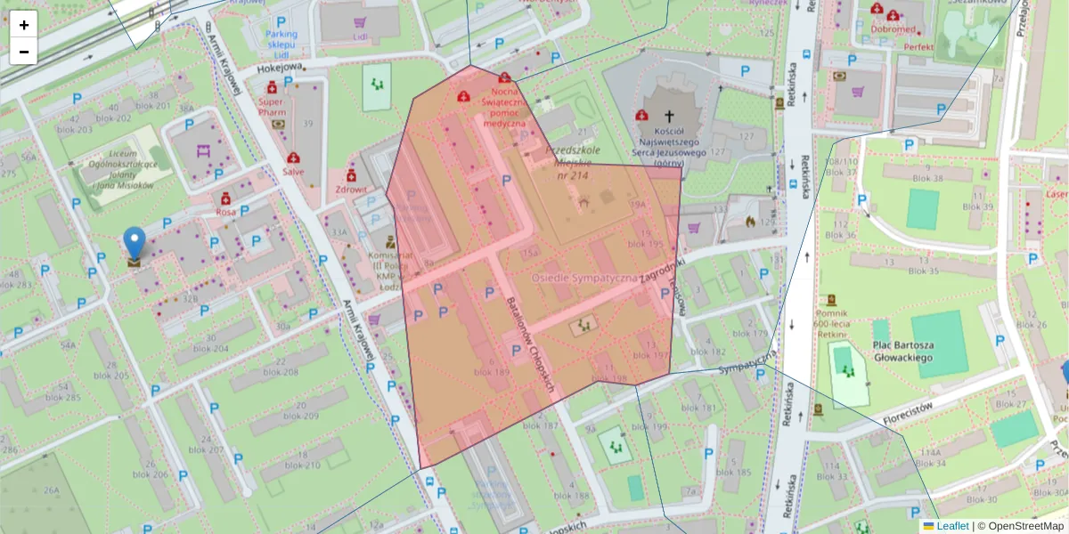 Szczegółowa mapa kodu pocztowego 94-058 z granicami, sąsiednimi kodami pocztowymi i urzędami pocztowymi