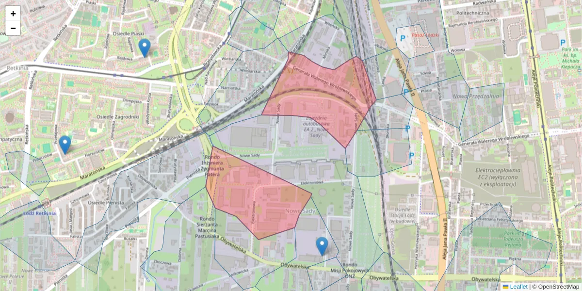 Szczegółowa mapa kodu pocztowego 94-103 z granicami, sąsiednimi kodami pocztowymi i urzędami pocztowymi