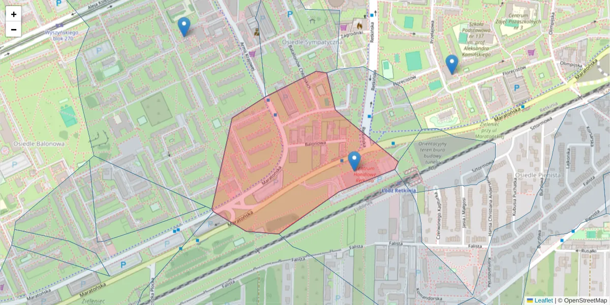 Szczegółowa mapa kodu pocztowego 94-108 z granicami, sąsiednimi kodami pocztowymi i urzędami pocztowymi