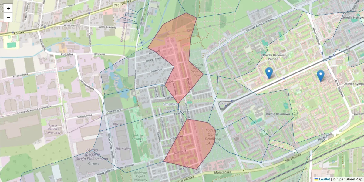Szczegółowa mapa kodu pocztowego 94-128 z granicami, sąsiednimi kodami pocztowymi i urzędami pocztowymi