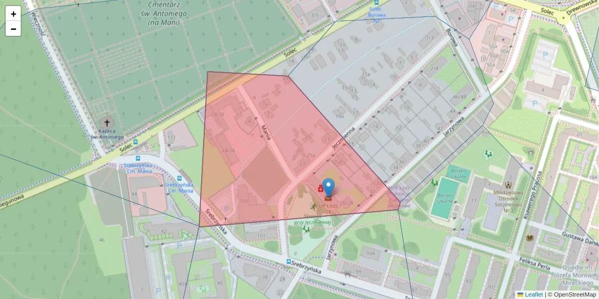 Szczegółowa mapa kodu pocztowego 94-205 z granicami, sąsiednimi kodami pocztowymi i urzędami pocztowymi