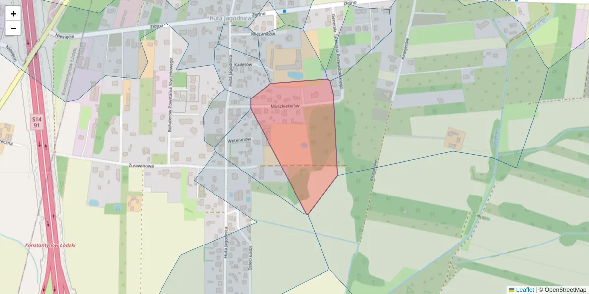 Szczegółowa mapa kodu pocztowego 94-319 z granicami, sąsiednimi kodami pocztowymi i urzędami pocztowymi