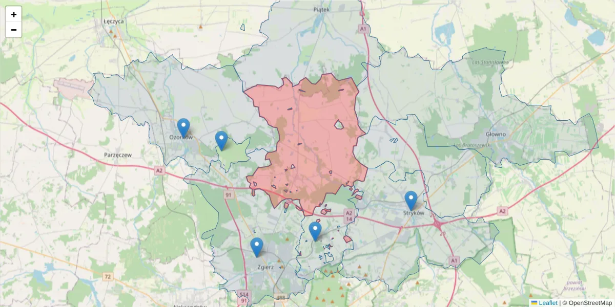 Szczegółowa mapa kodu pocztowego 95-001 z granicami, sąsiednimi kodami pocztowymi i urzędami pocztowymi