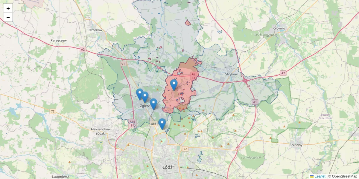 Szczegółowa mapa kodu pocztowego 95-002 z granicami, sąsiednimi kodami pocztowymi i urzędami pocztowymi