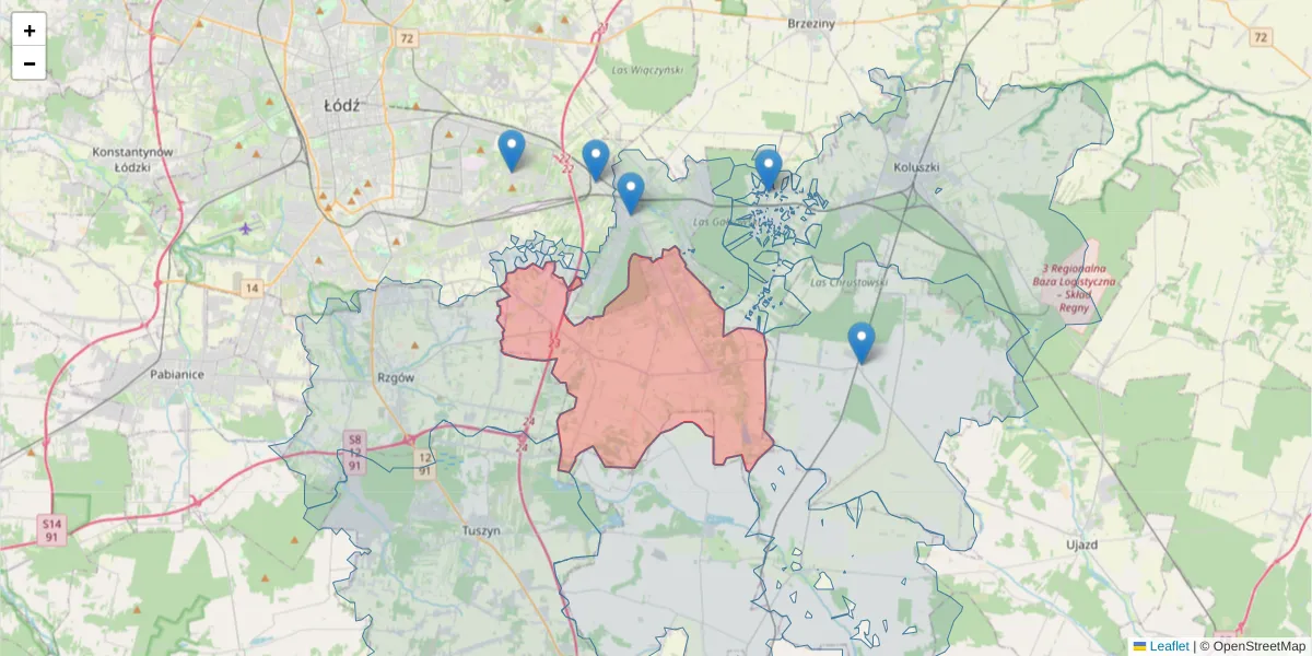 Szczegółowa mapa kodu pocztowego 95-006 z granicami, sąsiednimi kodami pocztowymi i urzędami pocztowymi