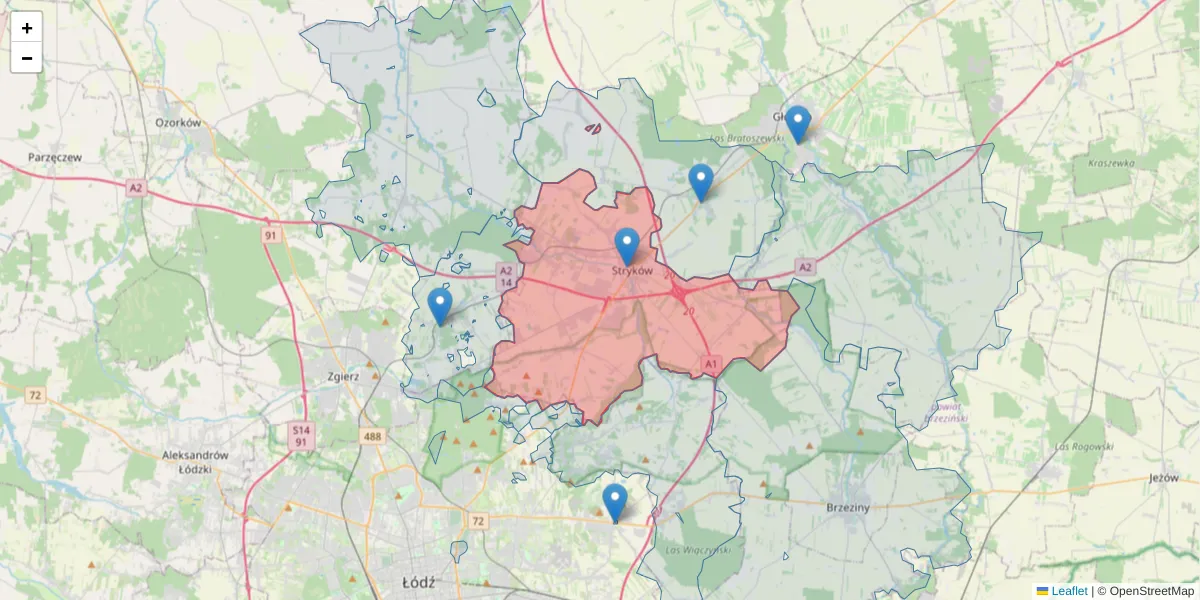 Szczegółowa mapa kodu pocztowego 95-010 z granicami, sąsiednimi kodami pocztowymi i urzędami pocztowymi