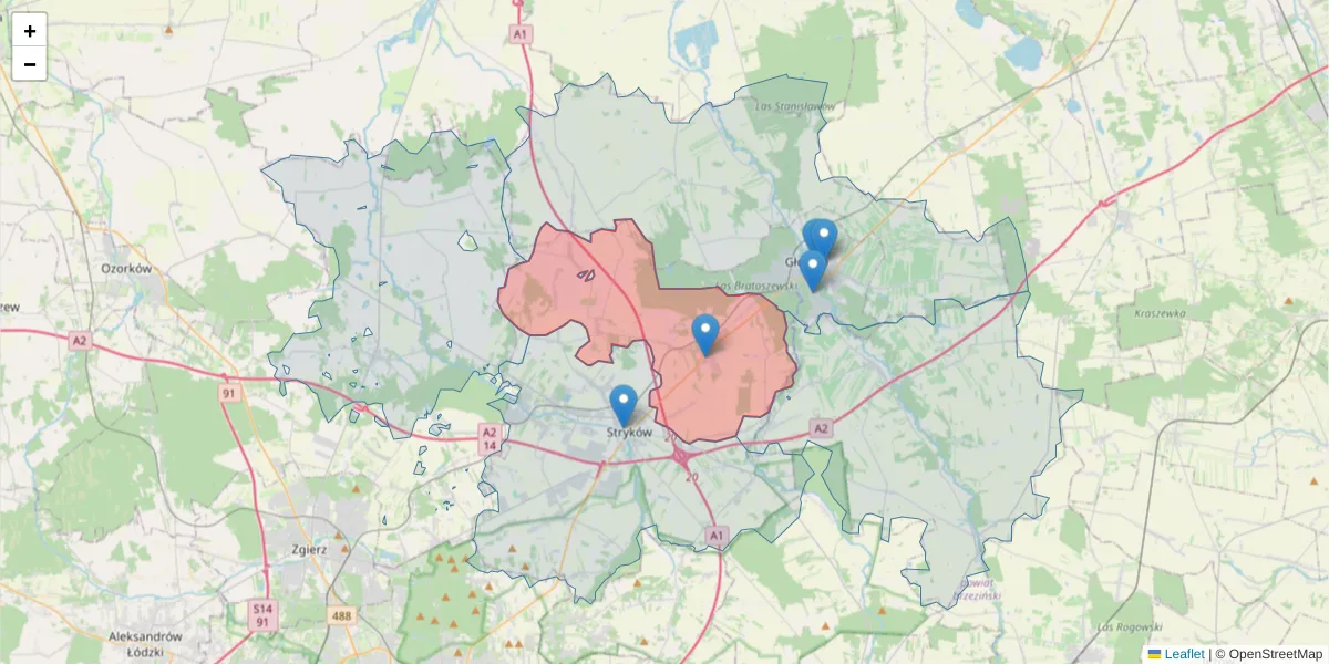 Szczegółowa mapa kodu pocztowego 95-011 z granicami, sąsiednimi kodami pocztowymi i urzędami pocztowymi