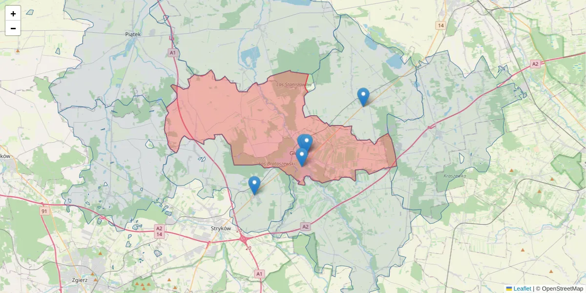 Szczegółowa mapa kodu pocztowego 95-015 z granicami, sąsiednimi kodami pocztowymi i urzędami pocztowymi