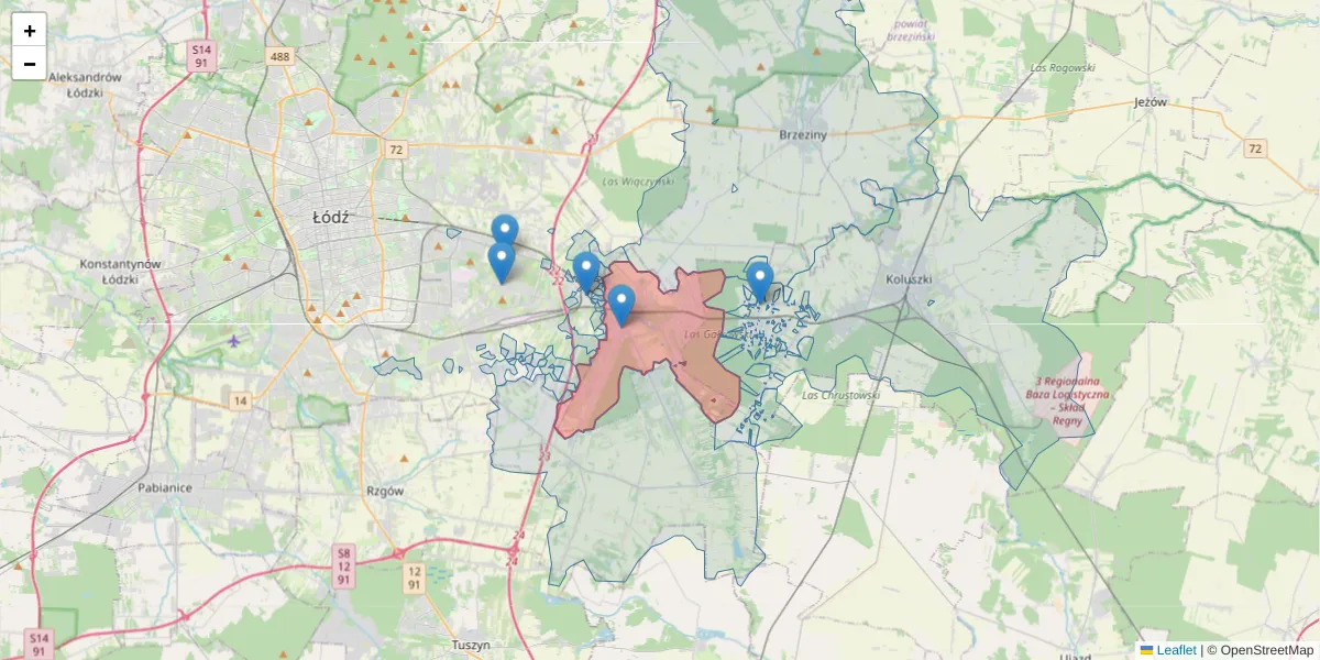 Szczegółowa mapa kodu pocztowego 95-020 z granicami, sąsiednimi kodami pocztowymi i urzędami pocztowymi