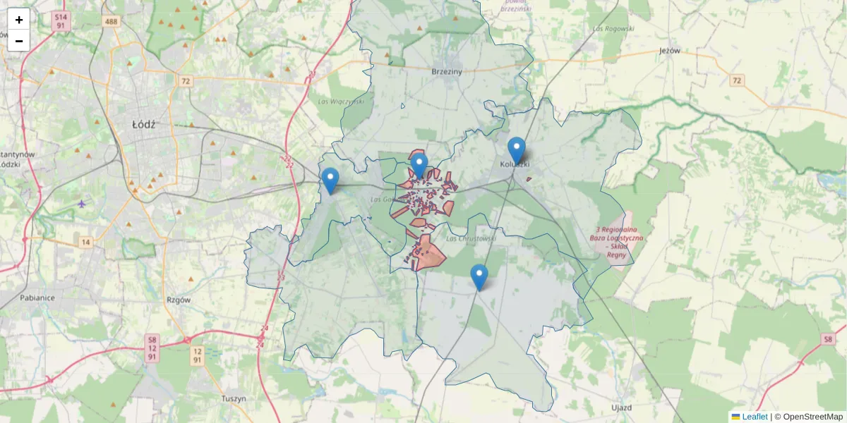 Szczegółowa mapa kodu pocztowego 95-041 z granicami, sąsiednimi kodami pocztowymi i urzędami pocztowymi