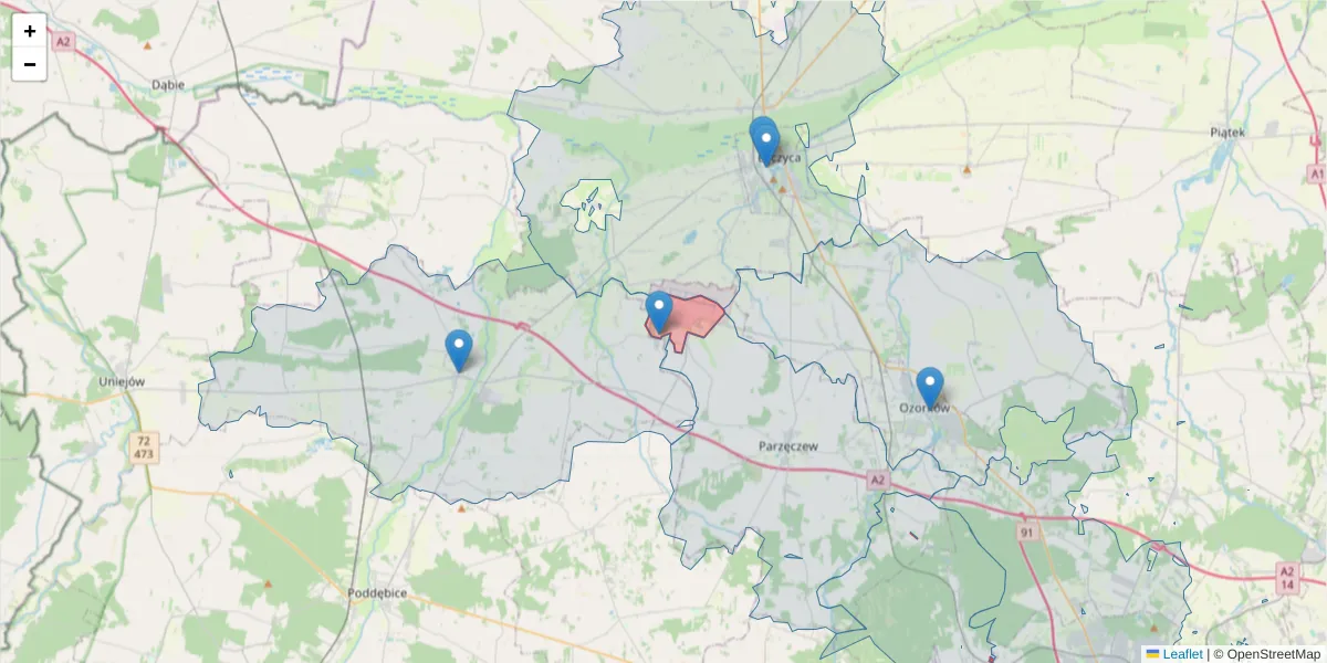 Szczegółowa mapa kodu pocztowego 95-043 z granicami, sąsiednimi kodami pocztowymi i urzędami pocztowymi