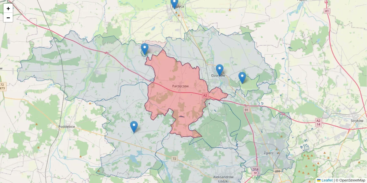 Szczegółowa mapa kodu pocztowego 95-045 z granicami, sąsiednimi kodami pocztowymi i urzędami pocztowymi