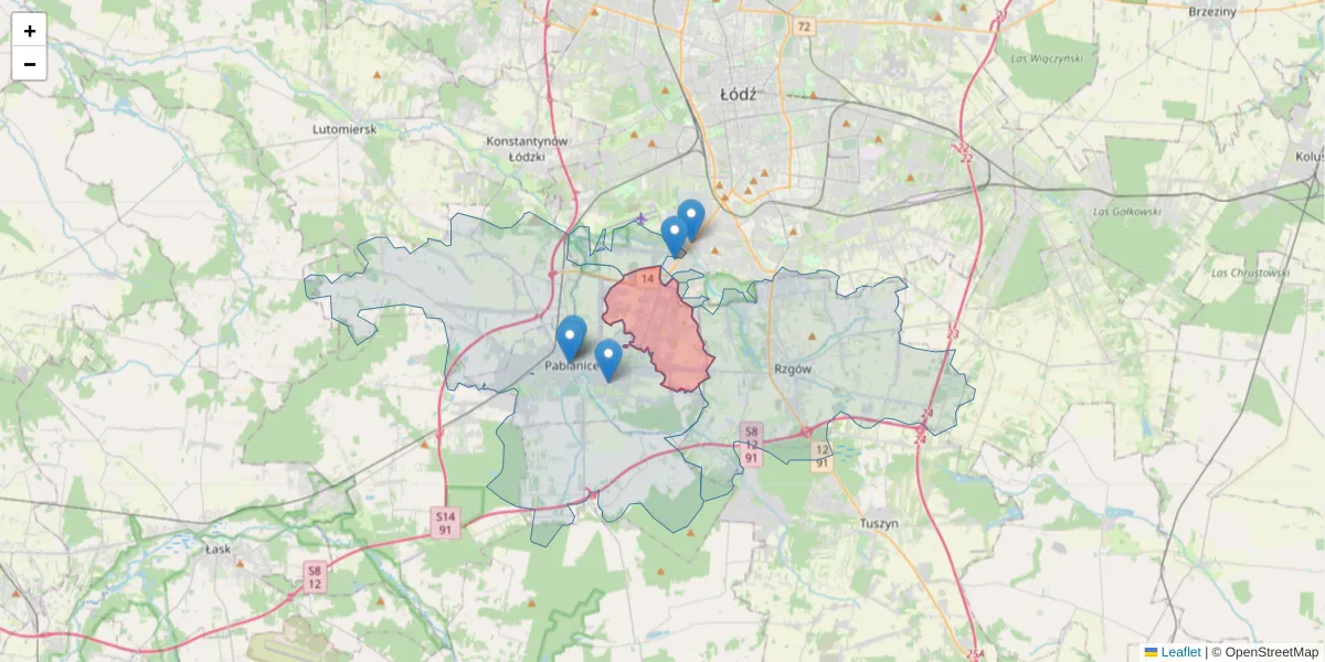 Szczegółowa mapa kodu pocztowego 95-054 z granicami, sąsiednimi kodami pocztowymi i urzędami pocztowymi