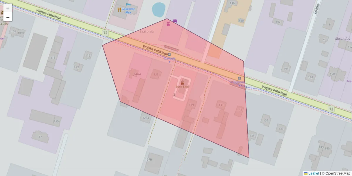 Szczegółowa mapa kodu pocztowego 95-069 z granicami, sąsiednimi kodami pocztowymi i urzędami pocztowymi