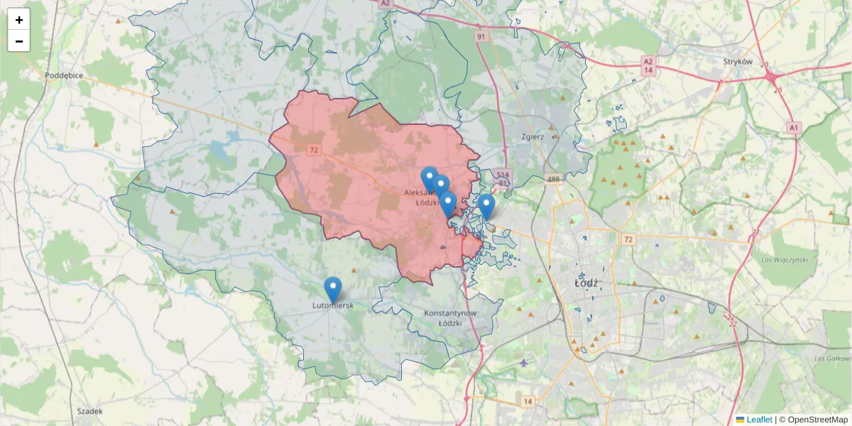 Szczegółowa mapa kodu pocztowego 95-070 z granicami, sąsiednimi kodami pocztowymi i urzędami pocztowymi