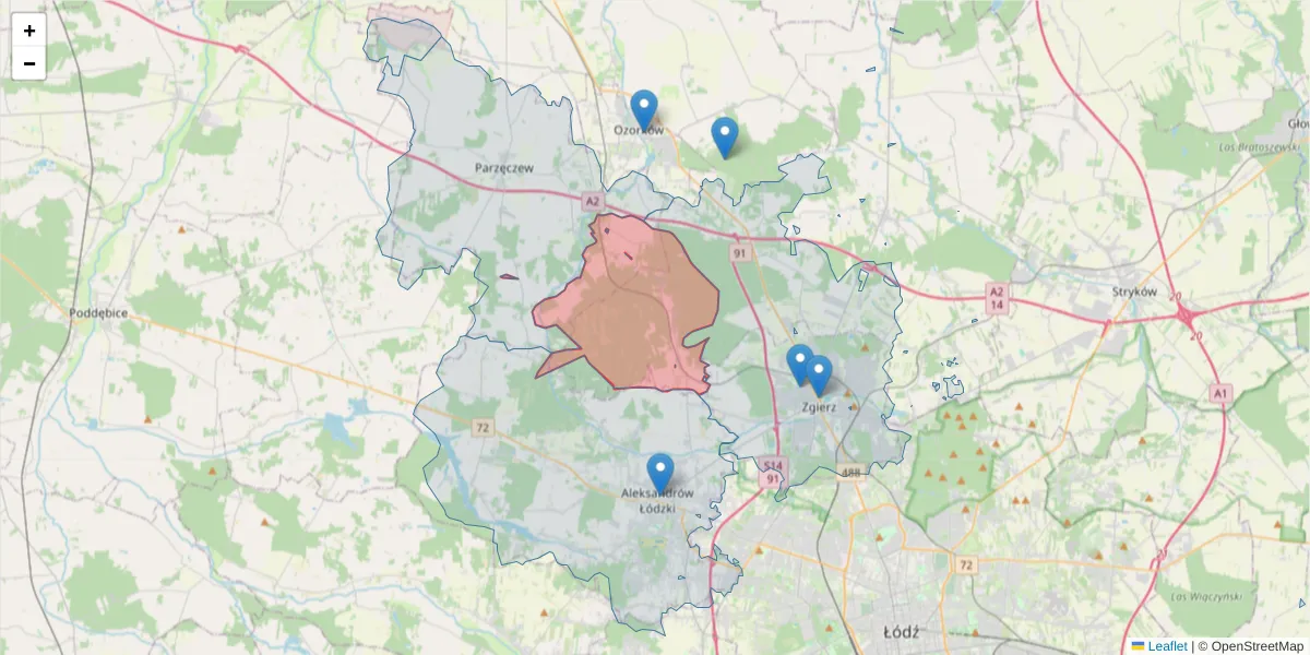 Szczegółowa mapa kodu pocztowego 95-073 z granicami, sąsiednimi kodami pocztowymi i urzędami pocztowymi