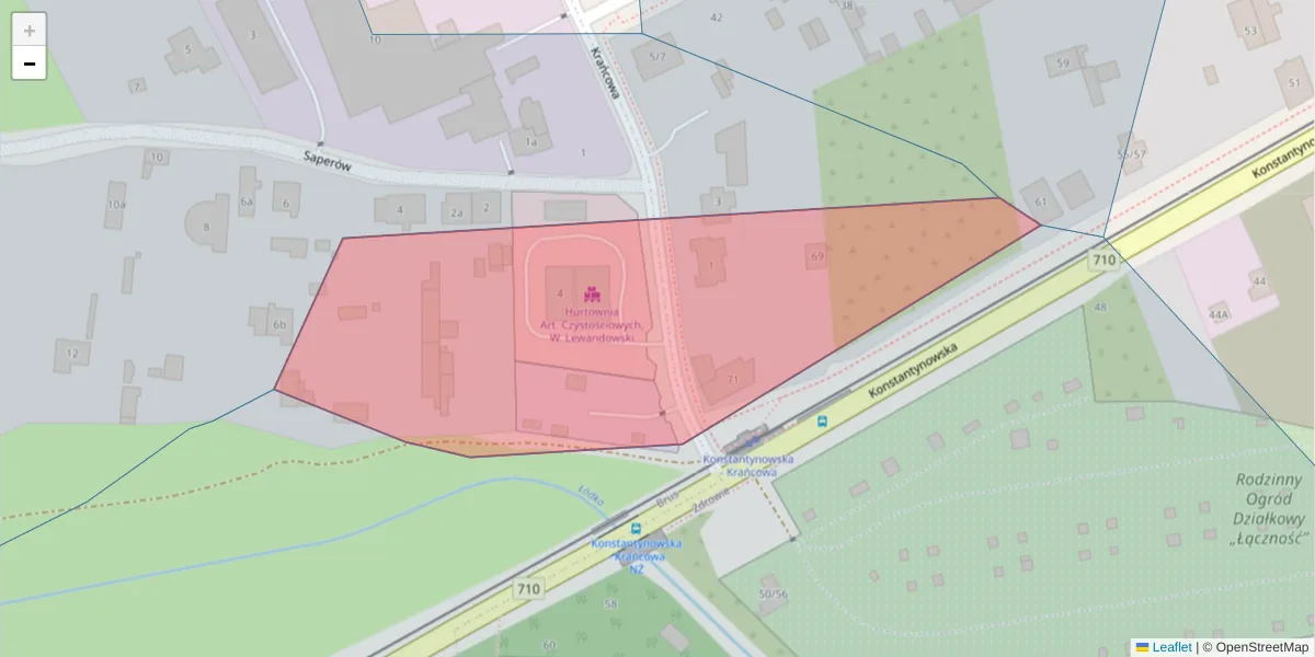 Szczegółowa mapa kodu pocztowego 95-300 z granicami, sąsiednimi kodami pocztowymi i urzędami pocztowymi